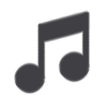 Halftone dots musical note icon. Black musical note symbol on white background. Pop art style grainy halftone texture.