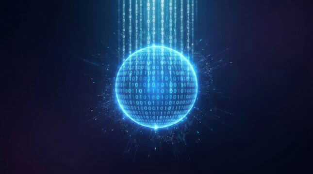 Futuristic glowing digital globe surrounded by flowing binary code streams representing global data transfer and cybersecurity network connectivity