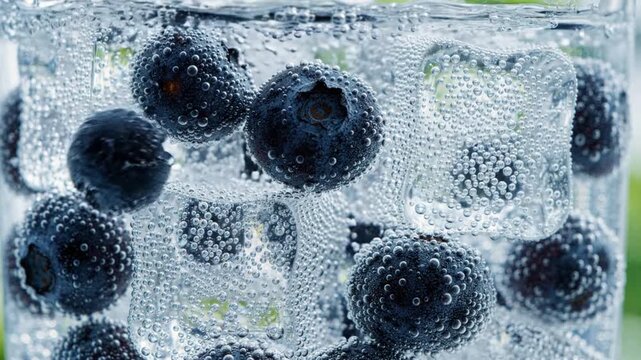 Blueberries and ice cubes in sparkling carbonated water