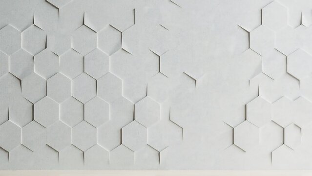 White hexagonal geometric wall tiles display intricate three-dimensional shadows and modern architectural patterns created with minimalist clean matte textured surfaces