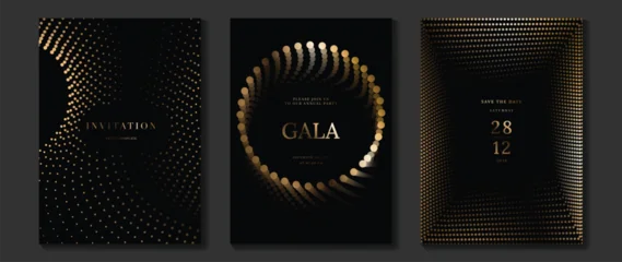 Fotobehang Sportwinkel Luxury wedding invitation vector templates set. Black and gold elegant event cards with geometric lines, glowing dotted circles and modern gala poster designs  © TWINS DESIGN STUDIO
