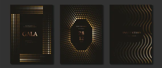 Fotobehang Sportwinkel Luxury wedding invitation vector templates set. Black and gold elegant event cards with geometric lines, glowing dotted circles and modern gala poster designs  © TWINS DESIGN STUDIO