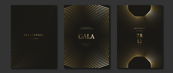 Obraz na płótnie Canvas Luxury wedding invitation vector templates set. Black and gold elegant event cards with geometric lines, glowing dotted circles and modern gala poster designs