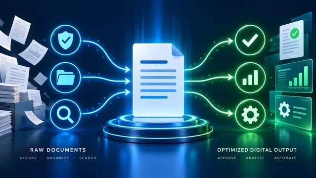 Futuristic Digital Transformation Concept with Raw Documents Converting to Optimized Automated Output Workflow
