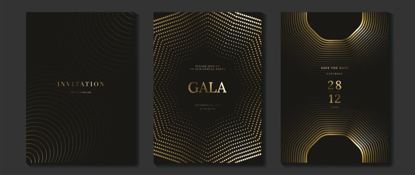 Luxury wedding invitation vector templates set. Black and gold elegant event cards with geometric lines, glowing dotted circles and modern gala poster designs