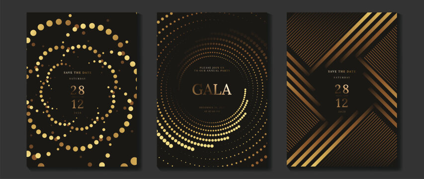 Luxury wedding invitation vector templates set. Black and gold elegant event cards with geometric lines, glowing dotted circles and modern gala poster designs