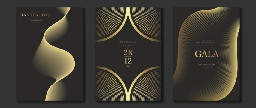 Luxury wedding invitation vector templates set. Black and gold elegant event cards with geometric lines, glowing dotted circles and modern gala poster designs