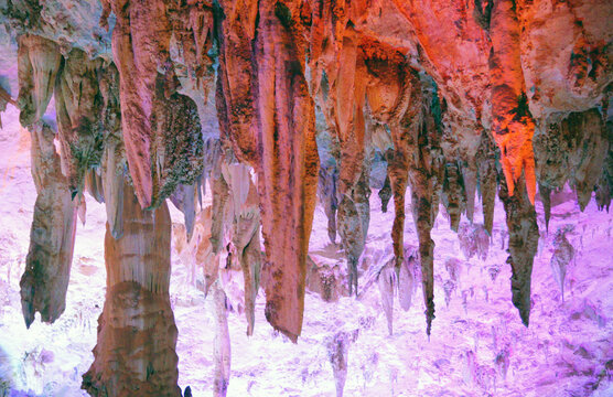 Illuminated Limestone Cave Formations in Jiuxiang Scenic Area, Yunnan, China