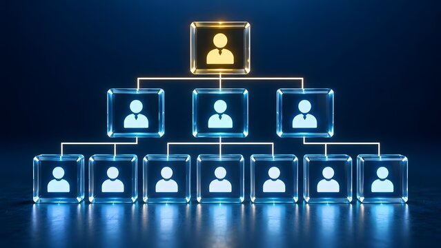 Glowing Digital Hierarchy Matrix and Organizational Chart Showing Corporate Leadership and Team Network