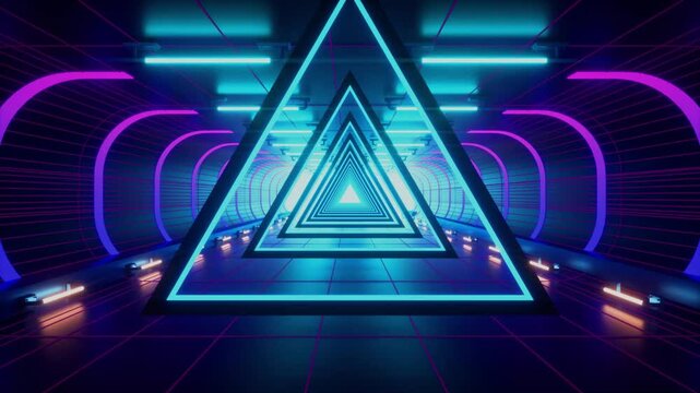 Triangular neon tunnel glows with vibrant blue and purple light in a futuristic science fiction setting.