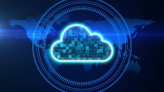 Cloud storage technology and futuristic elements on earth map background