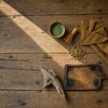 Flat Lay of Matcha, Bamboo Whisk and Dried Chamomile on Wooden Table
