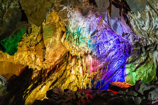 Colorful Karst Cave Interior at Yinhu Cave Scenic Area, Fangshan District, Beijing