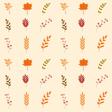 Seamless autumn pattern with maple leaves, branches, red berries on beige background. Cozy botanical flat vector illustration. Textile, fabric, wallpaper, paper, background.
