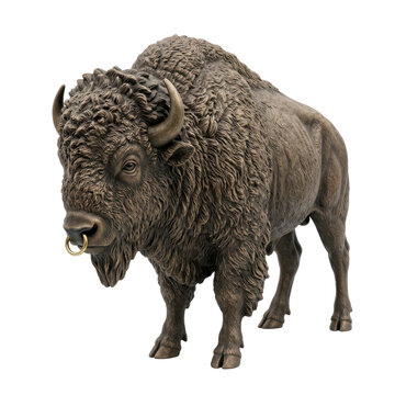 A detailed statue of a bison, featuring realistic fur texture and a bronze patina. The isolated animal has a nose ring and stands on a transparent background, ideal for western or wildlife themes.