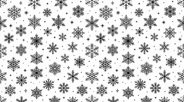Black Line Art Snowflake Seamless Vector Pattern