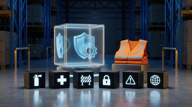 Industrial warehouse safety management system concept featuring futuristic glowing shield icons hazard symbols and protective high visibility gear