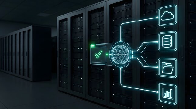 Digital data processing and network connectivity visualization in a modern dark server room data center