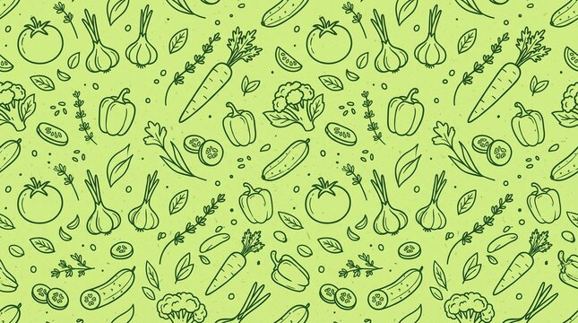 Green Minimalist Vegetable Seamless Pattern Line Art Background