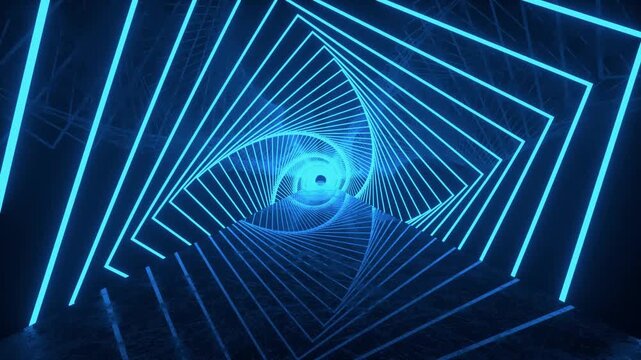 Neon tunnel constructed from glowing blue geometric squares recedes into the distance.