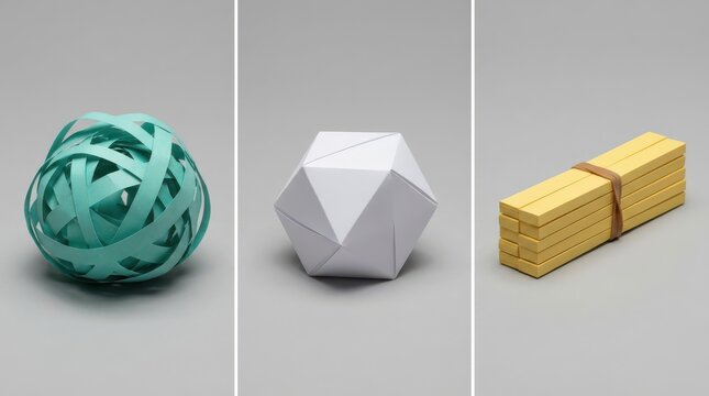 Minimalist geometric paper crafts showcasing a turquoise sphere a white polyhedron and a tied bundle of yellow wooden sticks on a neutral gray