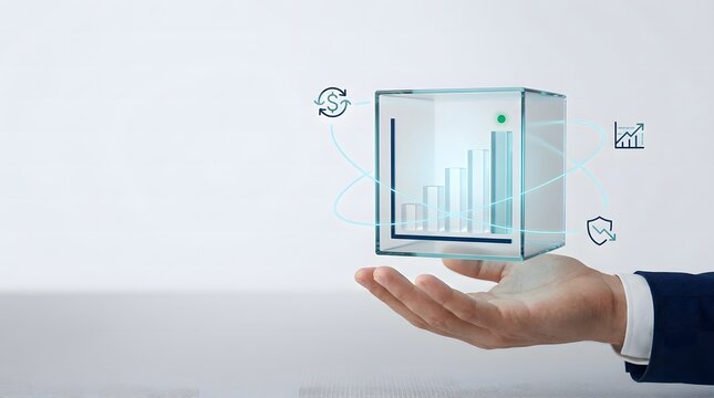 Businessman holding a futuristic glass cube with digital financial growth charts and data analytics icons