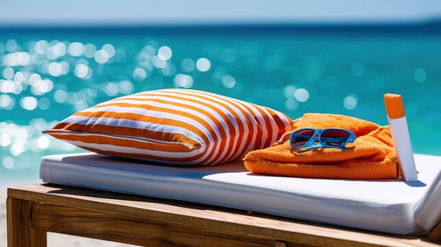 Un transat en bois sur une plage de sable sous un ciel bleu &eacute;clatant avec un coussin color&eacute;, une serviette orange pli&eacute;e, une paire de lunettes de soleil et un flacon de cr&egrave;me solaire.