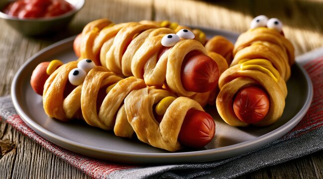Des sandwich dans une assiette ronde avec des saucisses enroul&eacute;es dans des spirales de p&acirc;te feuillet&eacute;e cuite avec moutarde et des yeux en sucre comestibles, arri&egrave;re-plan flou.