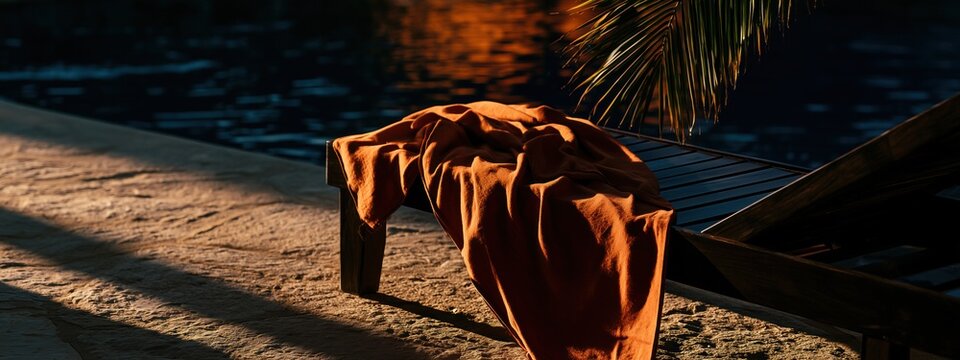 Un transat en bois sombre, recouvert d'une &eacute;toffe orange dispos&eacute; au bord d'une piscine sur une terrasse en pierre au coucher du soleil, vue panoramique.