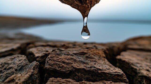 Une goutte d'eau tombant sur le sol craquel&eacute; d'un d&eacute;sert, constitu&eacute; de boue s&eacute;ch&eacute;e de couleur brun fonc&eacute;, textur&eacute; avec de profondes fissures, ciel brumeux en arri&egrave;re-plan.