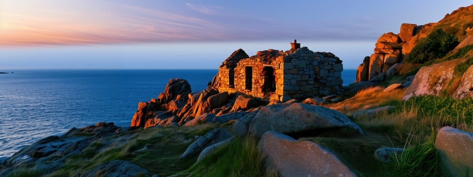 Un paysage montrant une b&acirc;tisse en ruine en pierre d&eacute;labr&eacute;e, perch&eacute;e sur une falaise rocheuse surplombant l'oc&eacute;an au coucher du soleil, vue panoramique.