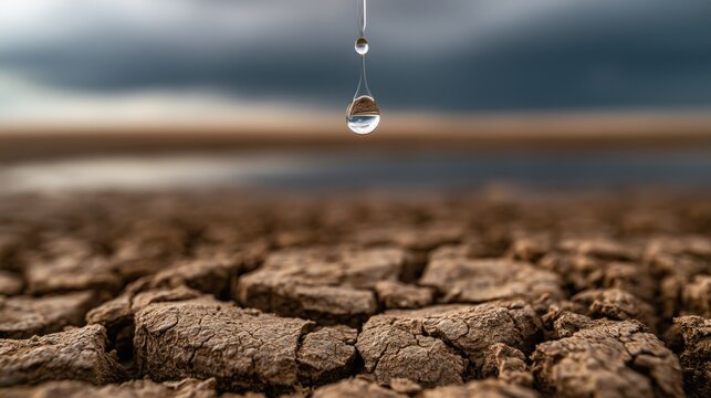 Une goutte de pluie tombant sur un sol d&eacute;sertique, une terre aride, ciel gris en arri&egrave;re-plan annon&ccedil;ant un orage, faible profondeur de champ.