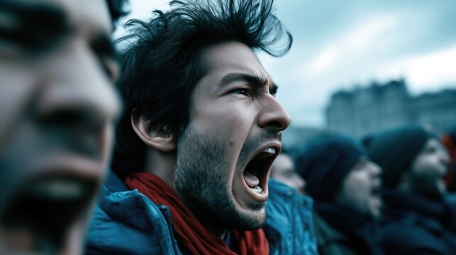 Une sc&egrave;ne de manifestation intense avec des ouvriers de profil criant, le visage rempli de col&egrave;re et de d&eacute;termination &agrave; l'occasion d'une journ&eacute;e de mobilisation organis&eacute;e par des syndicats.