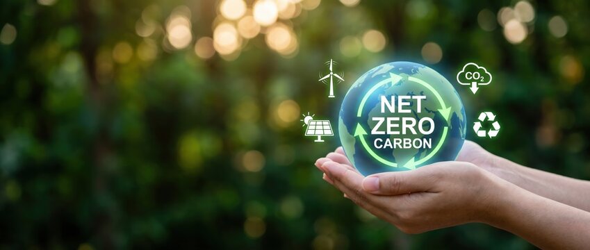 Hands gently cradling a globe showcasing the net zero carbon concept surrounded by eco friendly icons that represent a sustainable future and environmental consciousness.