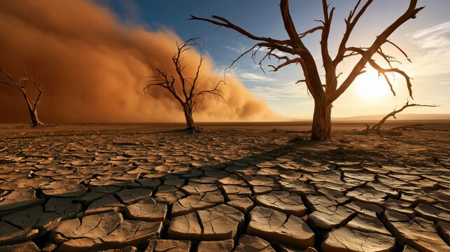 Une terre s&egrave;che et craquel&eacute;e s'&eacute;tendant &agrave; perte de vue, des arbres morts, une temp&ecirc;te de poussi&egrave;re approchant, soleil aveuglant, un paysage apocalyptique.