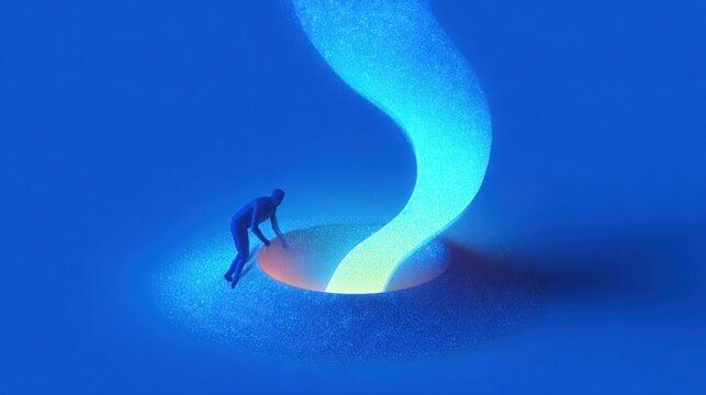 Man reaching glowing portal light source
