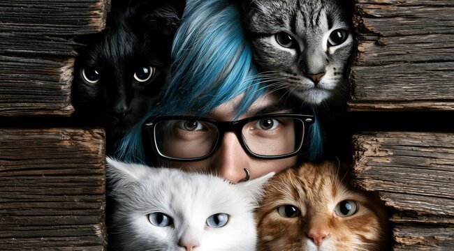 quatre chats, noir, gris, blanc et roux et un homme jeune avec lunettes et cheveux bleus regardant &agrave; travers la l'ouverture d'un mur en bois.
