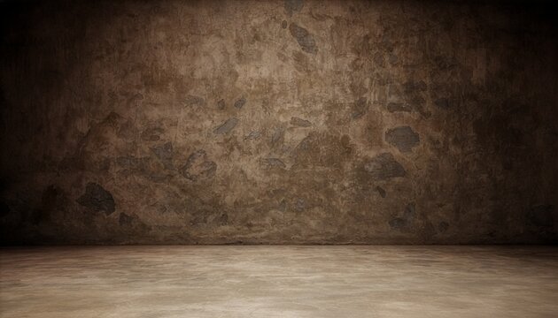 Empty dark brown grunge wall and floor studio background with dramatic spotlight for product display