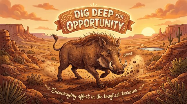 Warthog digs for opportunity in a harsh desert landscape with motivational text