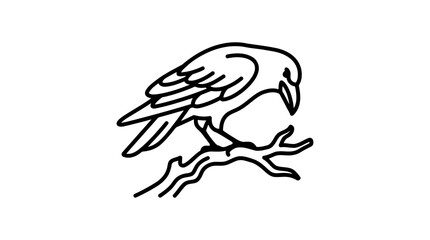 Obraz premium Minimalist black outline vector illustration of a raven perched on a wooden branch with silhouette minimalist wildlife