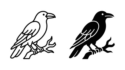 Obraz premium Crow bird sitting on a tree branch graphic in linear and solid styles with wildlife silhouette creature mysterious