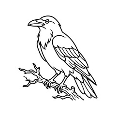 Obraz premium Simple line art illustration of a black crow bird standing on a rustic branch with minimalist wildlife silhouette