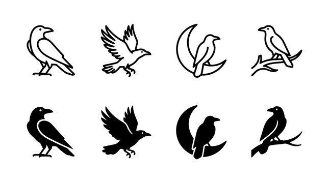 Set of raven and crow icons featuring various poses and lunar elements crescent silhouette collection mysterious