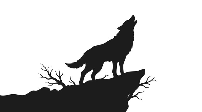 Silhouette of a howling wolf standing on a cliff edge with silhouette mountain landscape wilderness predator