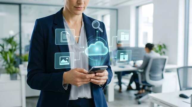 Business professional using a smartphone to interact with digital cloud computing and data analytics interface