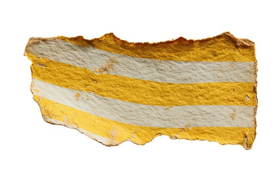 Torn piece of aged paper featuring alternating yellow and white horizontal stripes