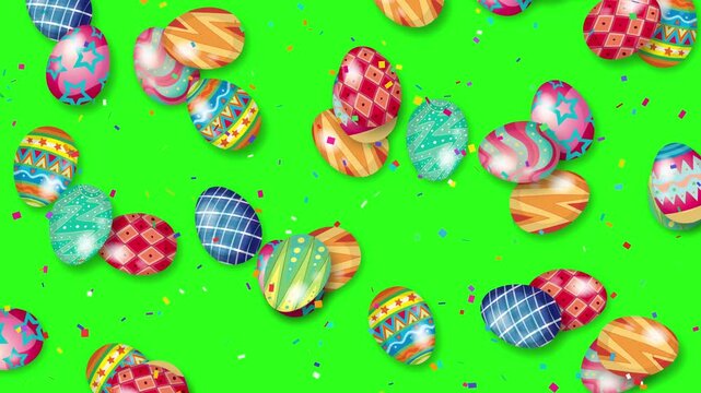 Colorful Patterned Easter Eggs Falling on Green Screen Background