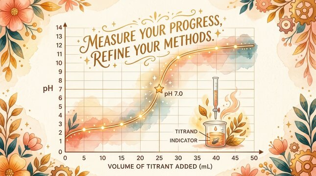 Watercolor illustration of a titration curve with pH on y-axis and volume of titrant added on x-axis, with floral decorative elements.