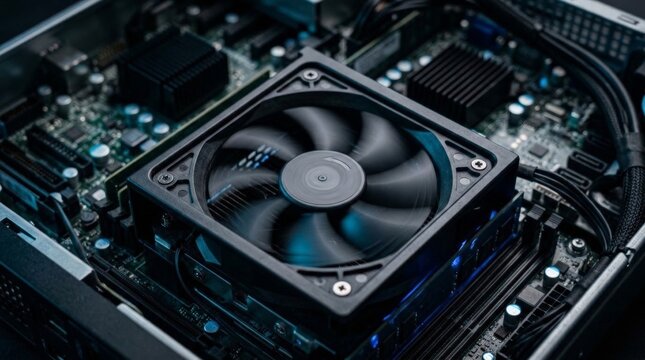 A close up view of a spinning server cooling fan mounted on a motherboard inside a computer case, highlighting electronic components and glowing blue memory modules beneath it