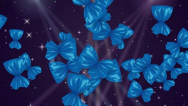 Blue Wrapped Candy Pieces Bursting Over Sparkling Purple Glitter Background